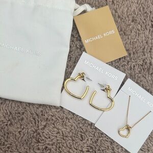 Michael Kors Gold Heart Pendant Necklace with Matching Heart Hoop Earrings